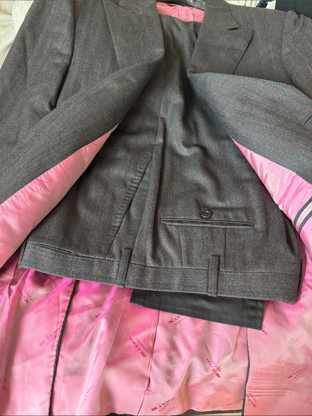 Kiton Gray Pinstripe Suit with Pink Stripe Detail EU48